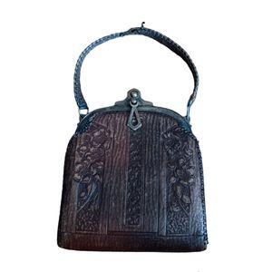 Vintage Hand Tooled Leather Purse Metal Clasp Early 1900s Floral Fan Design
